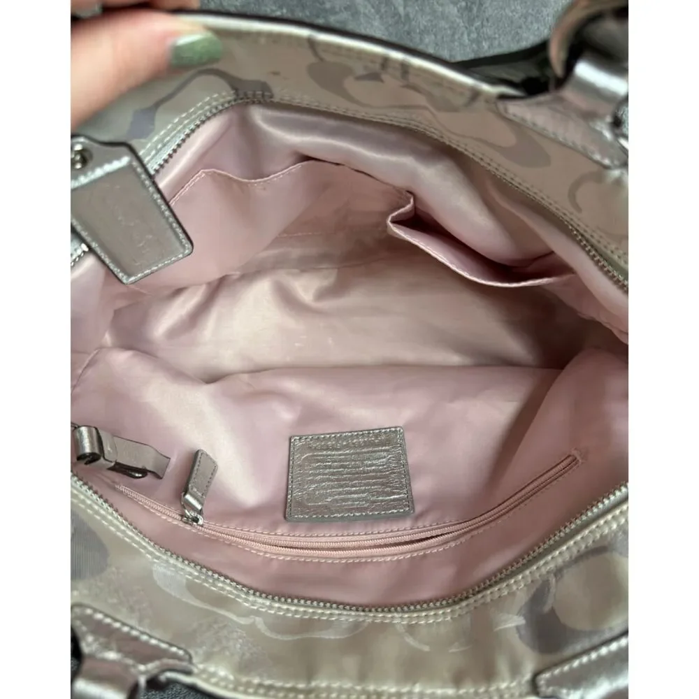 Coach Silver Metallic Signature Jacquard Tote Shoulder Bag Pink